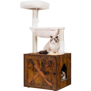 Hey-brother Cat Tree with Litter Box Enclosure, All-in-one Cat Tower for Indoor Cats with Large Hammock, Bed, Food Station, Scratching Posts, Modern Style Pet Furniture, Rustic Brown MPJ100SR