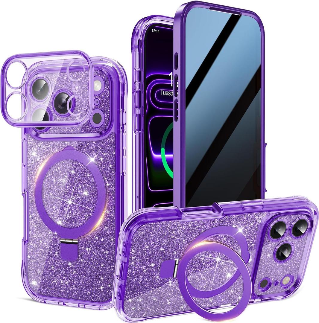 Magnetic Privacy Case for iPhone 17 Pro Max [DIY Glitter Cardstock] [Invisible Magnetic Kickstand] Built-in Anti Peep Screen Protector, Camera Protection Full Body Glitter Case for Women - Purple