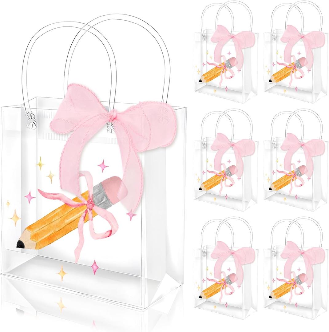 FYSUIMU Pink Bow Clear PVC Gift Bags Pink Coquette Bowknot Pencil Party Favor Bags with Handles Back to School Treat Tote Bag with Ribbon for First Day of School Birthday Baby Shower, 12 Pcs