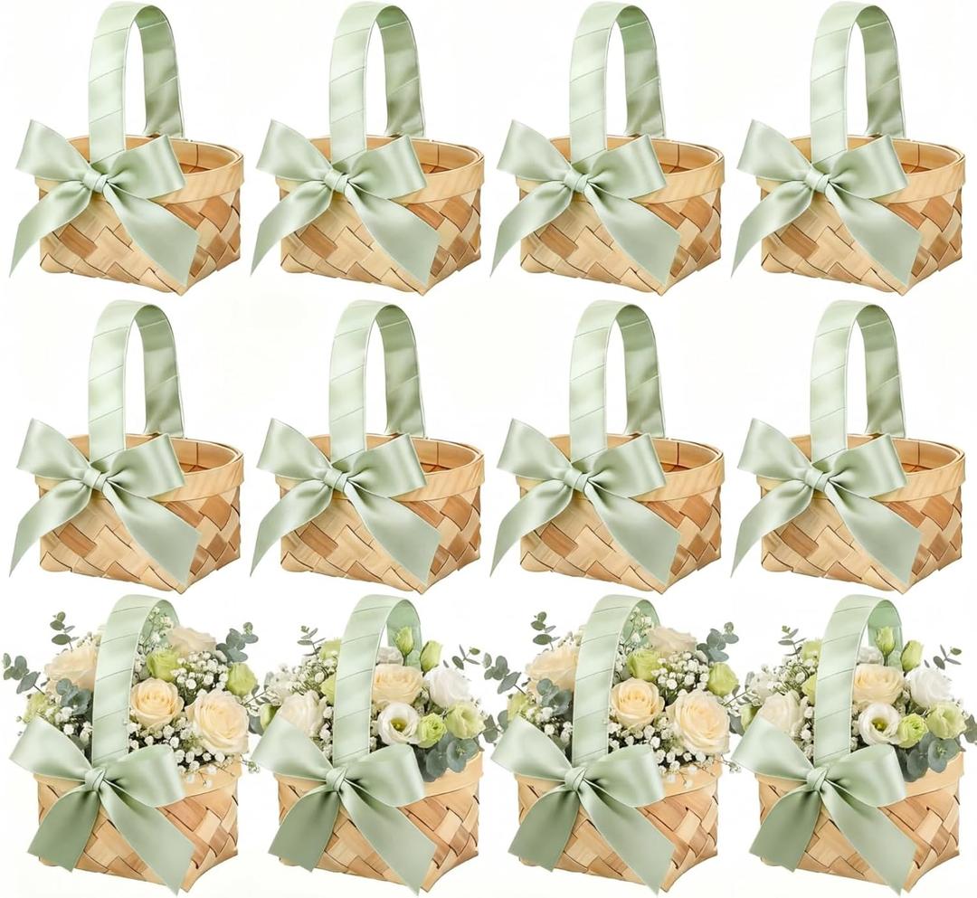 Geelin 12 Pcs Mini Flower Girl Basket Mini Woven Baskets with Pearl Handles Wood Chip Flower Fruit Picnic Holder with Sage Green Ribbon Smell Gifts Bucket for Wedding Party Gifts Birthday Decoration