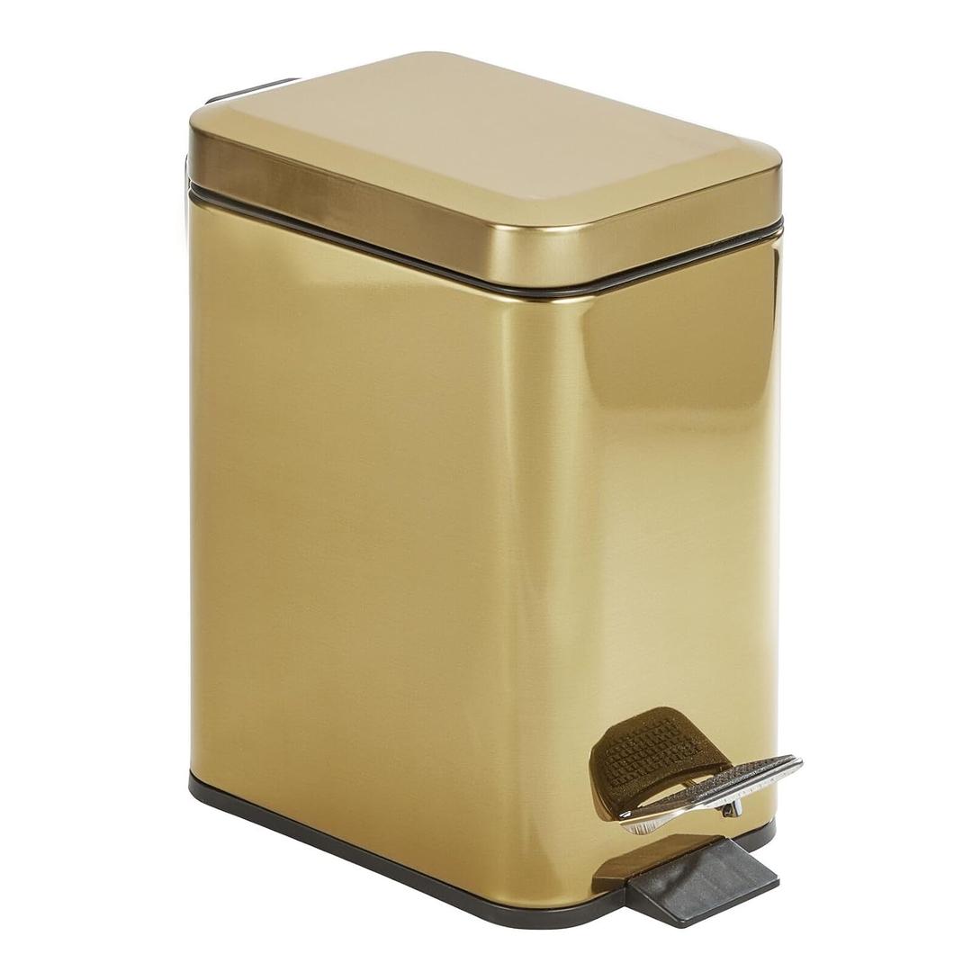 mDesign Slim Metal Rectangle 0.8 Gallon Trash Can with Step Pedal, Easy-Close Lid, Removable Liner - Narrow Wastebasket Garbage Container Bin for Bathroom, Bedroom, Kitchen, Office - Soft Brass