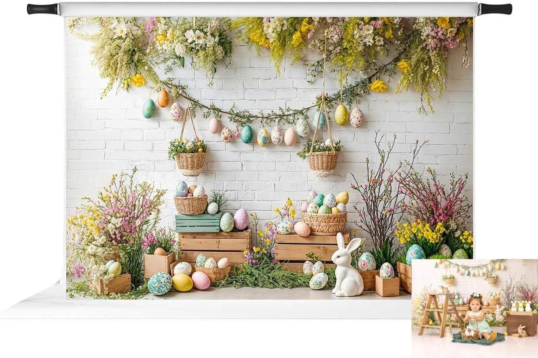 Kate Easter Floral Wooden Ladder Bunny Eggs Backdrop Photo Background Studio Props,10x8ft
