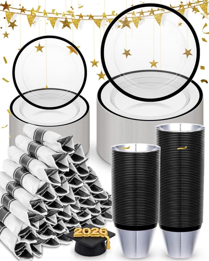 BESTVIP 350Pcs Clear Black Plastic Plates for Party, Disposable Dinnerware Set for 50 Guests, 100 Plastic Plates, 50 Cups, 50 Pre-Rolled Napkins with Cutlery for Graduation Party, Wedding, Halloween