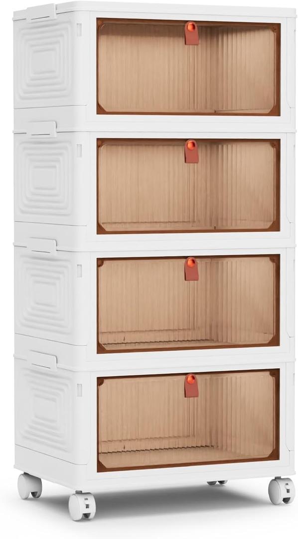 YSSOA 4 Tier Plastic Storage Bins with Lids - 23QT, Stackable Storage Containers with Wheels, Folding Storage Boxes, Collapsible Storage Bins, Closet Organizers and Storage for Living Room,Bedroom