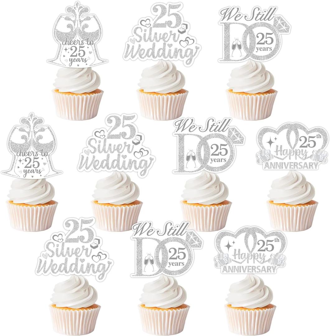 36 PCS 25th Anniversary Cupcake Toppers 25th Silver Wedding Anniversary Cupcake Picks Double-Sided Printing Cheers to 25 Years We still do 25 years Cake Decoration Anniversary Supplies