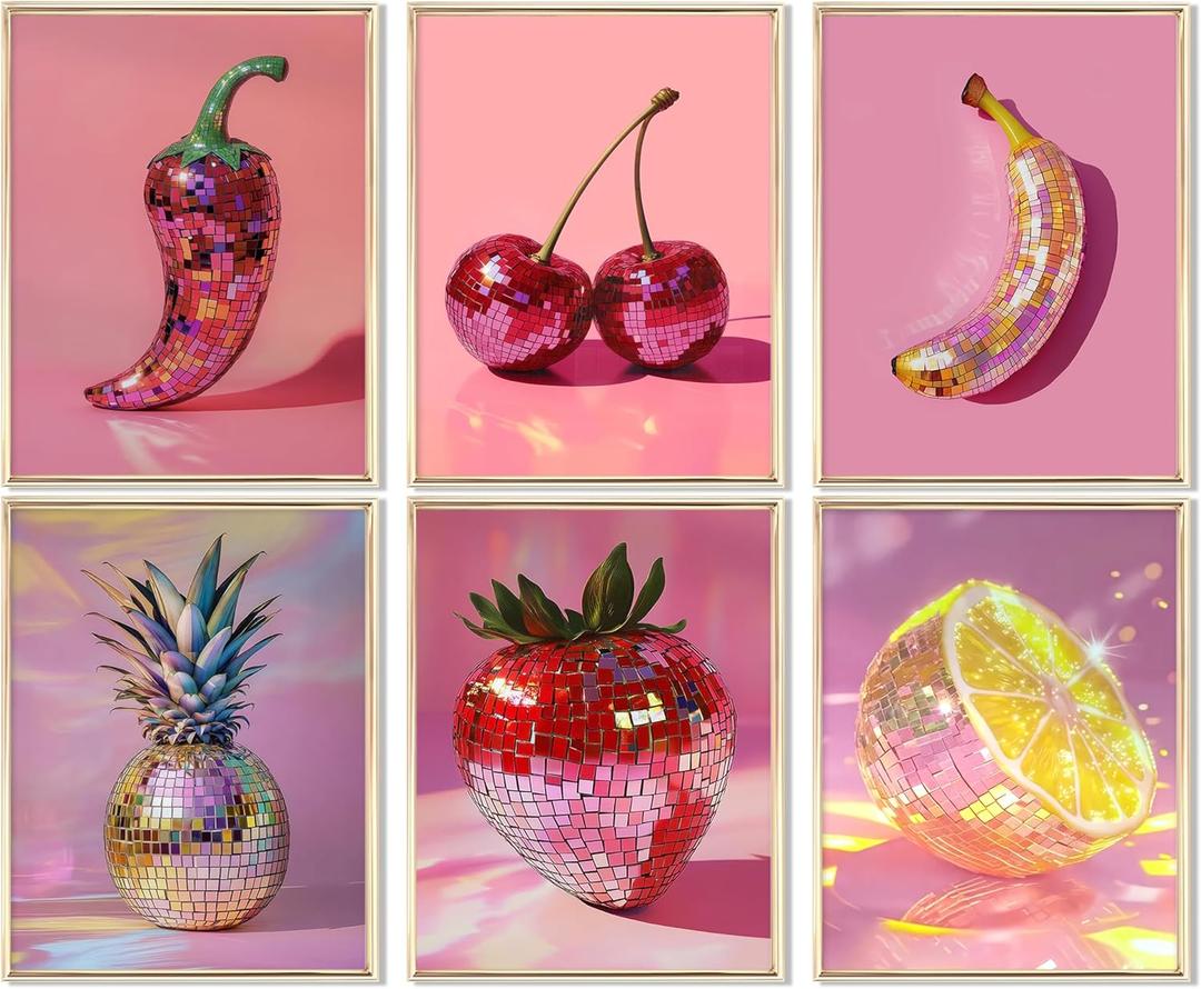 6pcs Trendy Pink Disco Ball Wall Art Funky Fruit Disco Ball Painting Picture Wall Decor Preppy Aesthetic Coquette Poster Print Artwork for Girly Bedroom Dorm kitchen Apartment Room Decor (10L" x 8W")