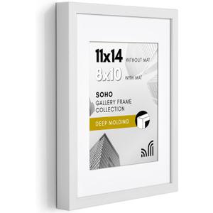 Americanflat 11x14 Picture Frame with Shatter-Resistant Glass - Use as 8x10 Frame with Mat or Display 11x14 Photo Without Mat - Soho Collection - Deep Molding Picture Frames for Wall Display - White