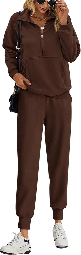 PRETTYGARDEN Long Sleeve Half Zip Sweatsuits Women 2 Piece Outfit Fall 2025 Casual Sweatshirt Sweatpants Lounge Set Tracksuit (Small, Coffee)