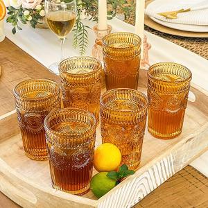 Kate Aspen Vintage Textured Amber Striped Drinking Glasses Set of 6-13 oz Ribbed Glassware with Flower Design | Cocktail Set, Juice Glass, Iced Coffee Cup, 6 Pieces