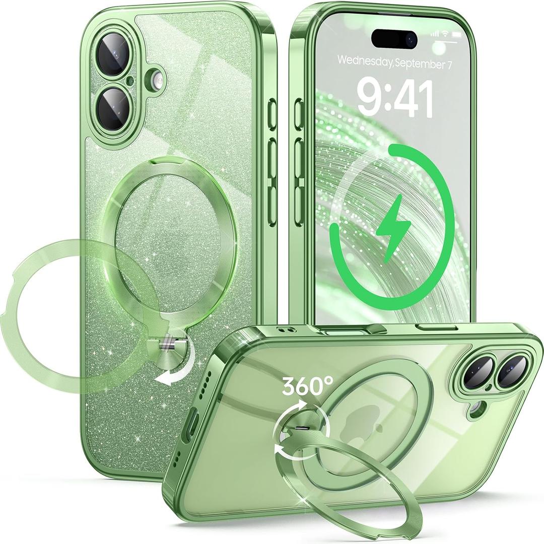 360 Spin CD Stand for iPhone 17 Case Compatible with Magsafe Ring [Never Yellow][DIY Glitter Cardstock] Camera Protection Plating Clear Cute Phone Case for Women Girls 6.3'', Sage Green