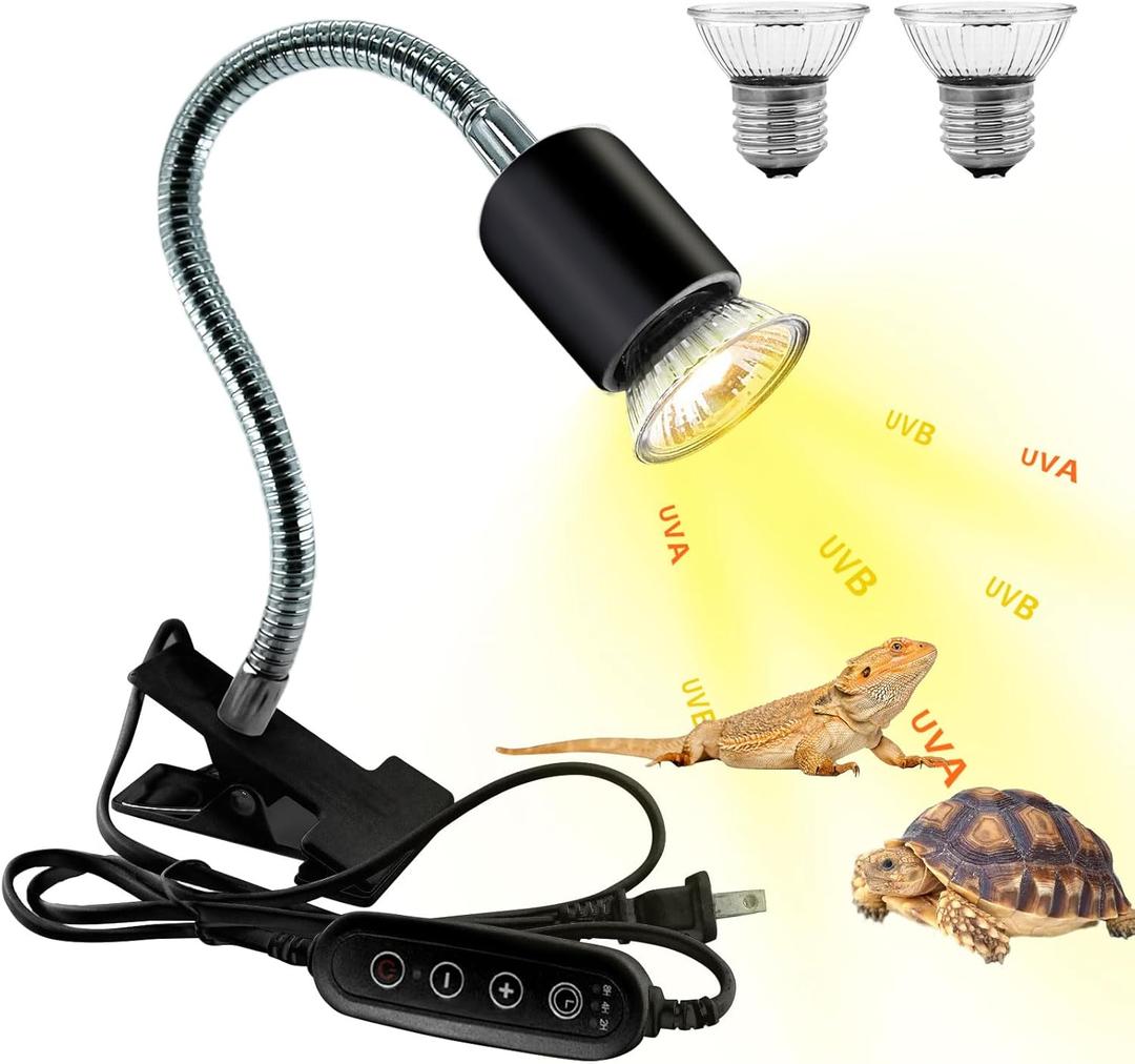 Reptile Heat Lamp,UVA UVB Reptile Light with 360 Rotatable Hose and Timed with 2 Bulbs(25W,50W),Basking Calcium Light Heat Lamp Bulbs for Turtle,Bearded Dragon,Lizard,Snake Tank (Black)