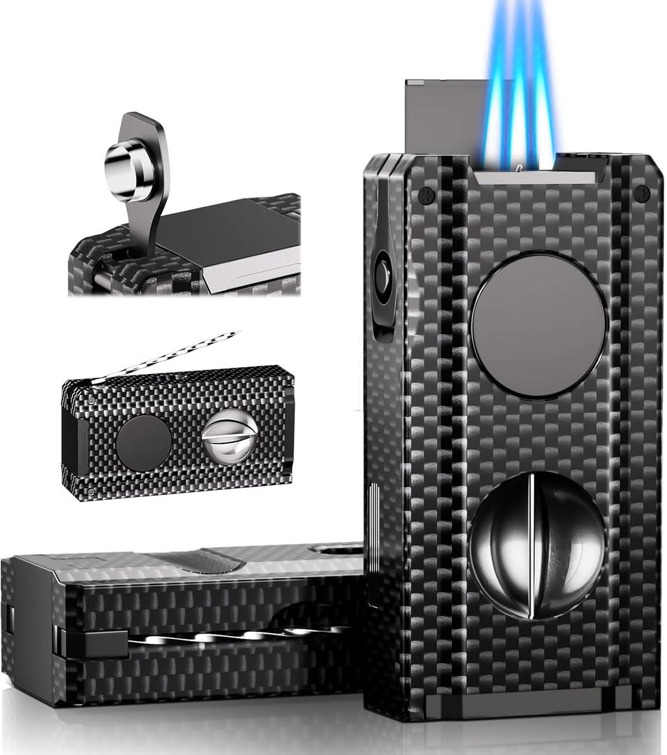5-in-1 Torch Lighter with Tool, Punch, Holder, Draw Enhancer, Refillable Butane Torch Lighter, Multifunctional Accessories Gift, Windproof Triple Flame Lighters for Candles, Travel, Outdoor (Carbon Fiber)