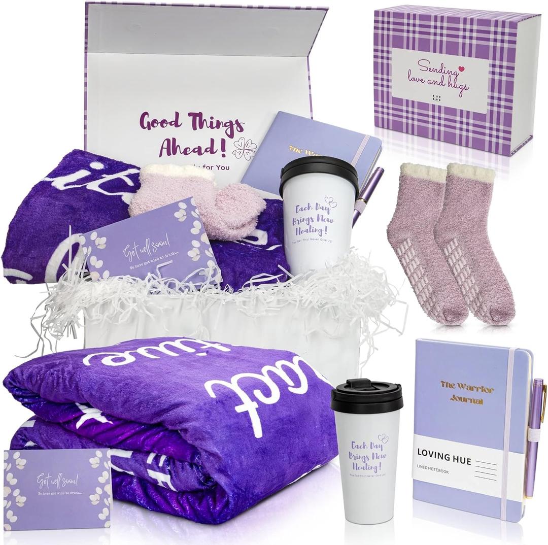 Chemo Care Package for Women, Cancer Care Gifts for Women, Gifts for Cancer Patients, Get Well Soon Gift Basket Includes Travel Mug, Healing Blanket 47x71 (Purple)