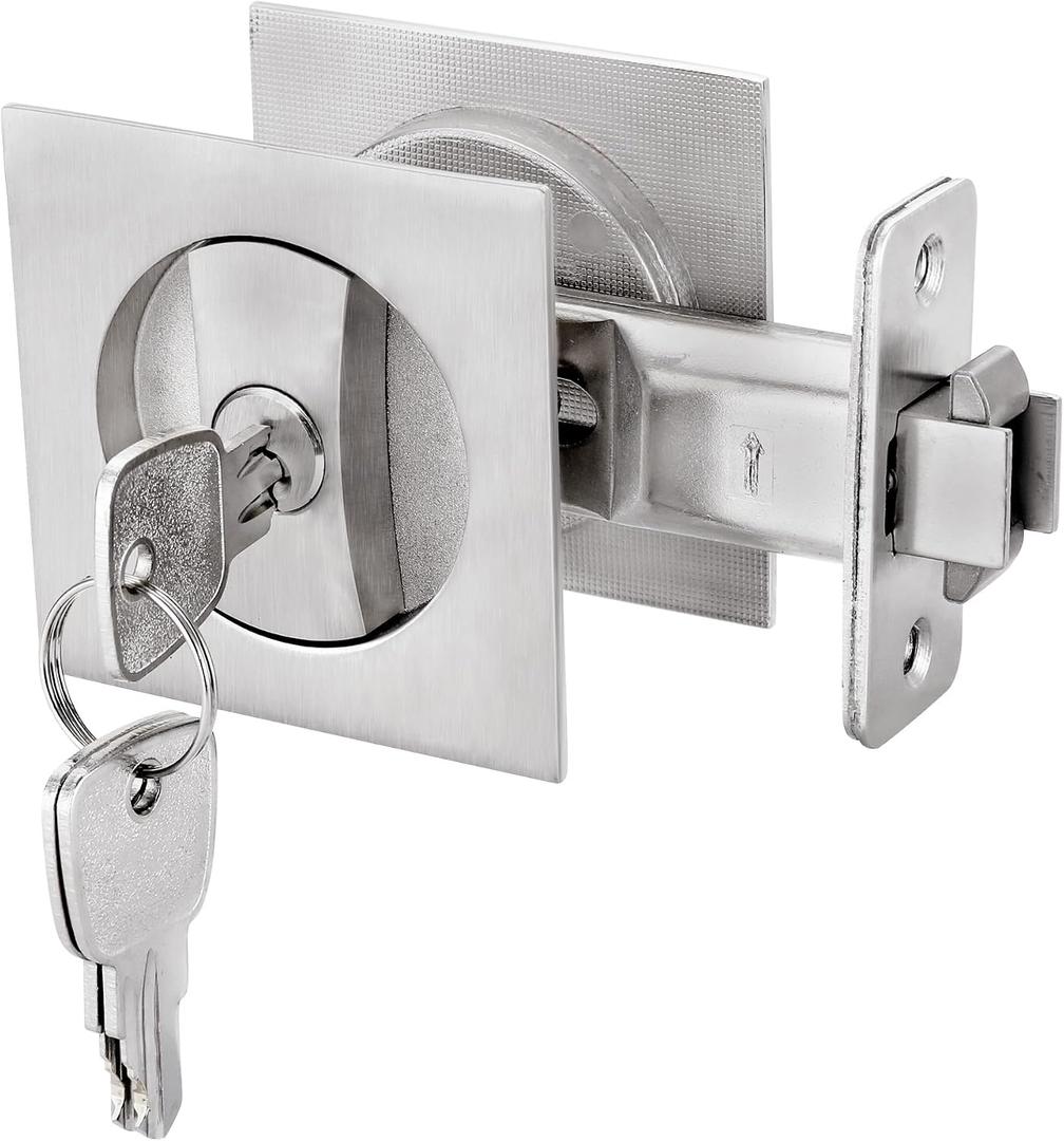 Malimali Pocket Door Lock, Pocket Door Hardware Square Door Lock for Privacy Sliding Door Bifold Door Locks and Pulls Handles Replacement Hardware (Brushed Steel, Entry Lock with Key)
