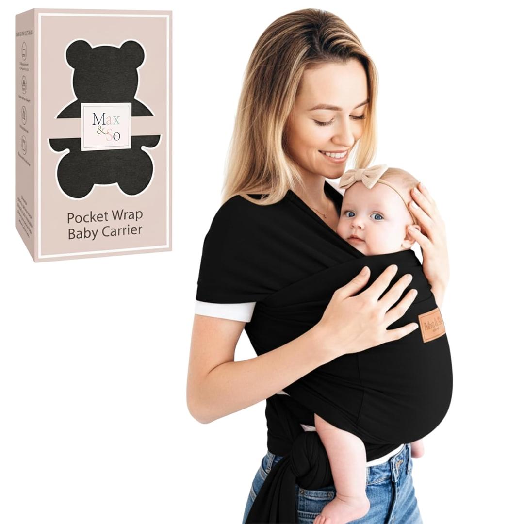 Baby Wrap Carrier - Premium Cotton Baby Carrier Wrap for Newborn to Toddler- Infant Carrier- Baby Holder One Size Fits All with Front Pocket (Black) by Max&so