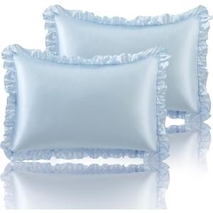SiinvdaBZX Ruffled Standard Satin Pillowcase Set of 2, Baby Blue Silky Satin Pillow Cases for Women Ruffle Pillow Shams Covers Princess Room Decoration, with Envelope Closure