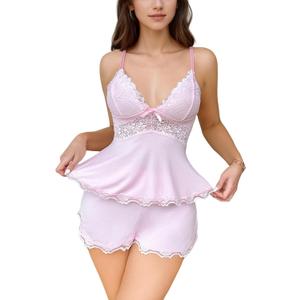 Sexy Pajama Set for Women PJS Sets Lace Cami Set Modal Sleepwear Set with Shorts Lingerie Set V-Neck S-XXL (Pink, XL)