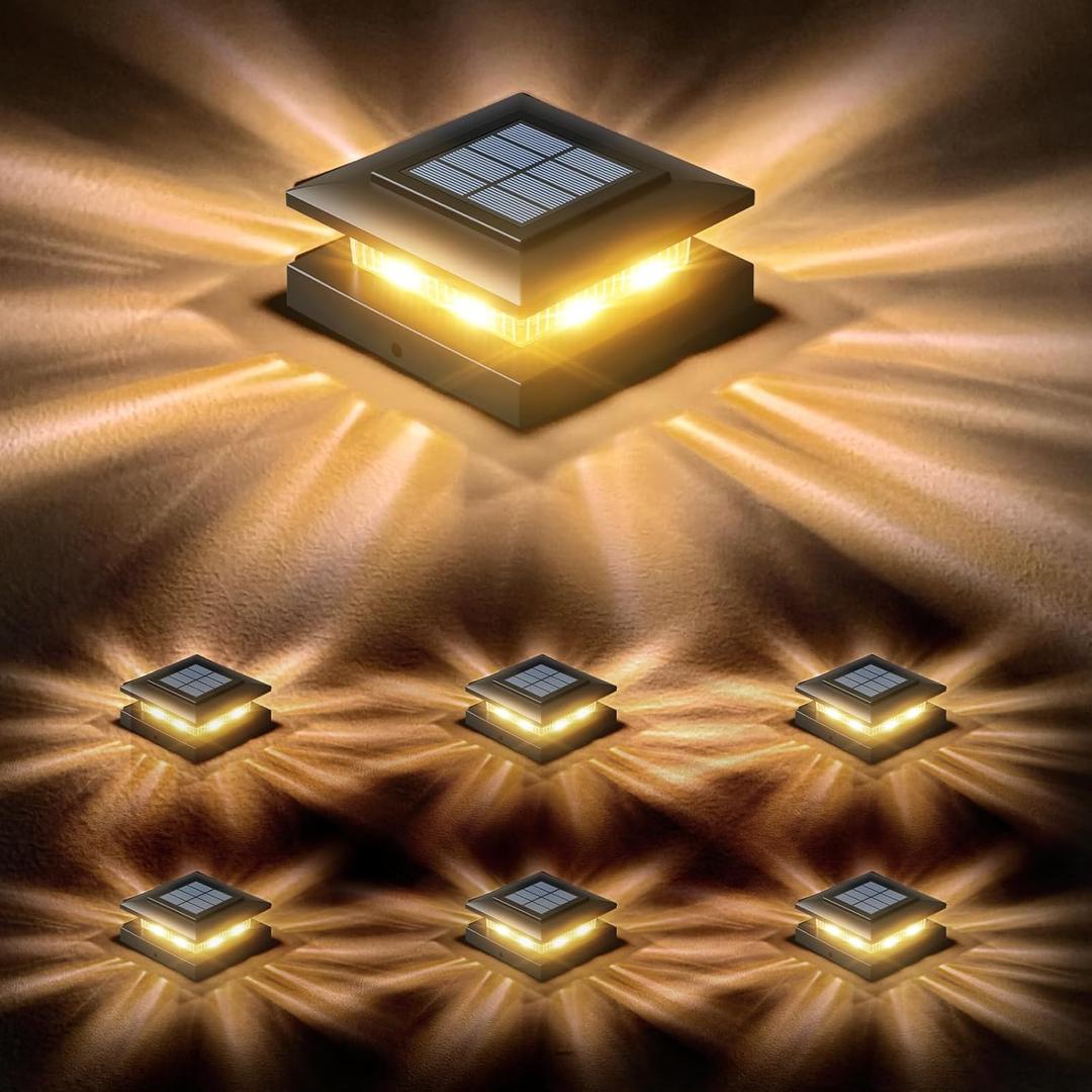 YITCOE Solar Post Cap Lights: 6 Pack 4x4 Solar Powered Fence Lights for Wooden Vinyl Deck Lamp Post - 96 LEDs 2 Modes Warm & Cool White - Outdoor Waterproof Modern Classic Porch Lighting