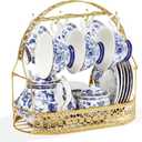 fanquare Porcelain Tea Sets,Blue British Coffee Cups& Saucer Service for 6, with Teapot,Sugar Bowl,Creamer Pitcher and Golden Metal Rack