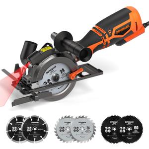Circular Saw, 5.8A 4-1/2" Circular Saw w/Laser, Metal Auxiliary Handle, 6 Blades (4", 4"), Cutting Depth 1-11/16" (90), 1-1/8" (45), Ideal for Wood, Soft Metal, Plastic, Tile - MCS01A (Standard)