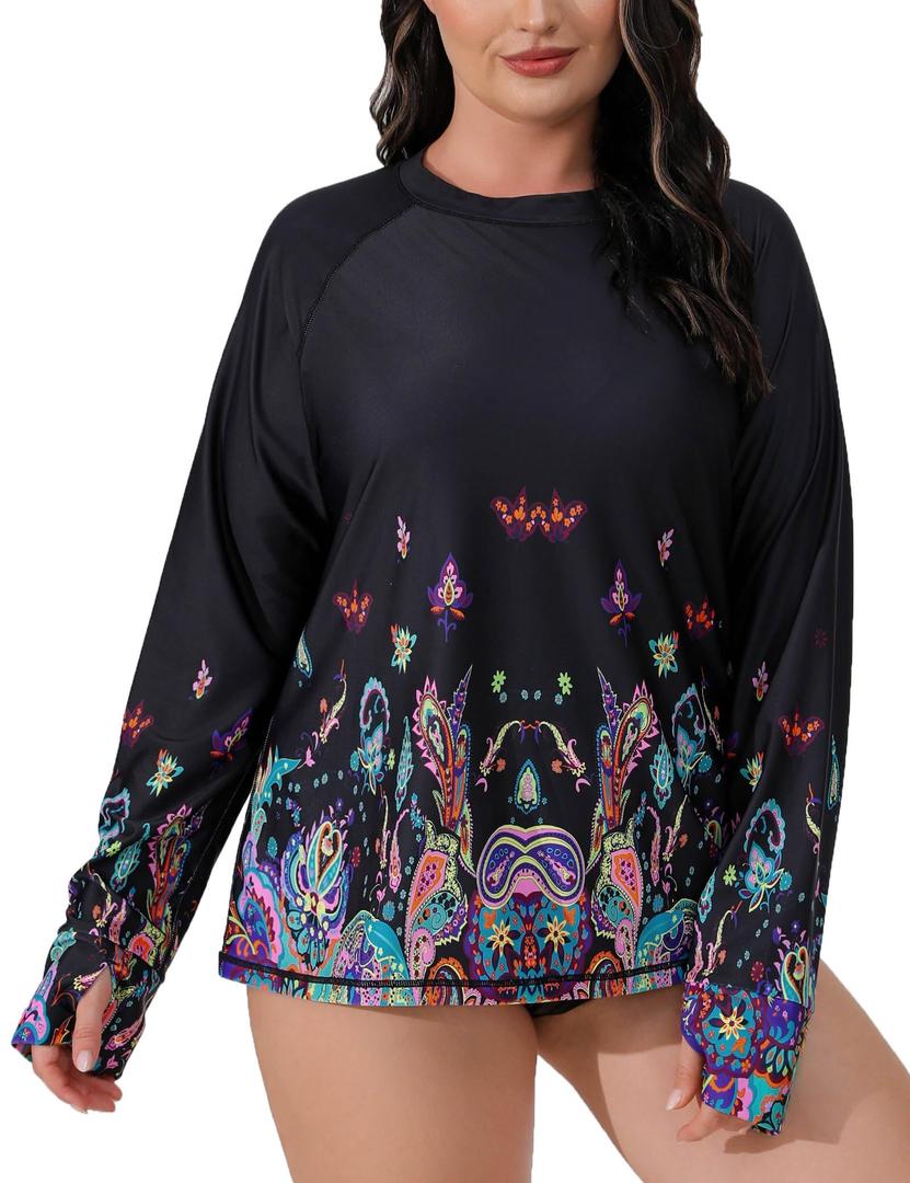 Halcurt Women's Plus Size Long Sleeve Rash Guard Swim Shirt with Thumb Holes UPF50+ Sun Protection Swimsuit Top, Size 4X