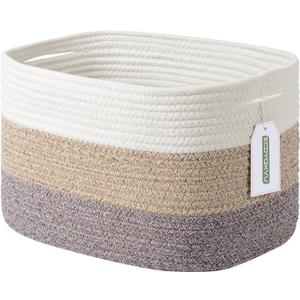 Cotton Rope Storage Basket, 15x10x9 Inches, Woven Basket for Shelves, Clothes, Toys, Towels, Books, and Laundry, Durable and Stylish, White Brown (1 Pack)