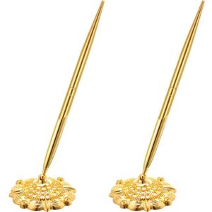 Outus 2 Pieces Wedding Pens for Guest Book Signing Pen with Metal Hollow Round Holder Stand Set for Wedding Bridal Engagement Reception Supplies (Gold)