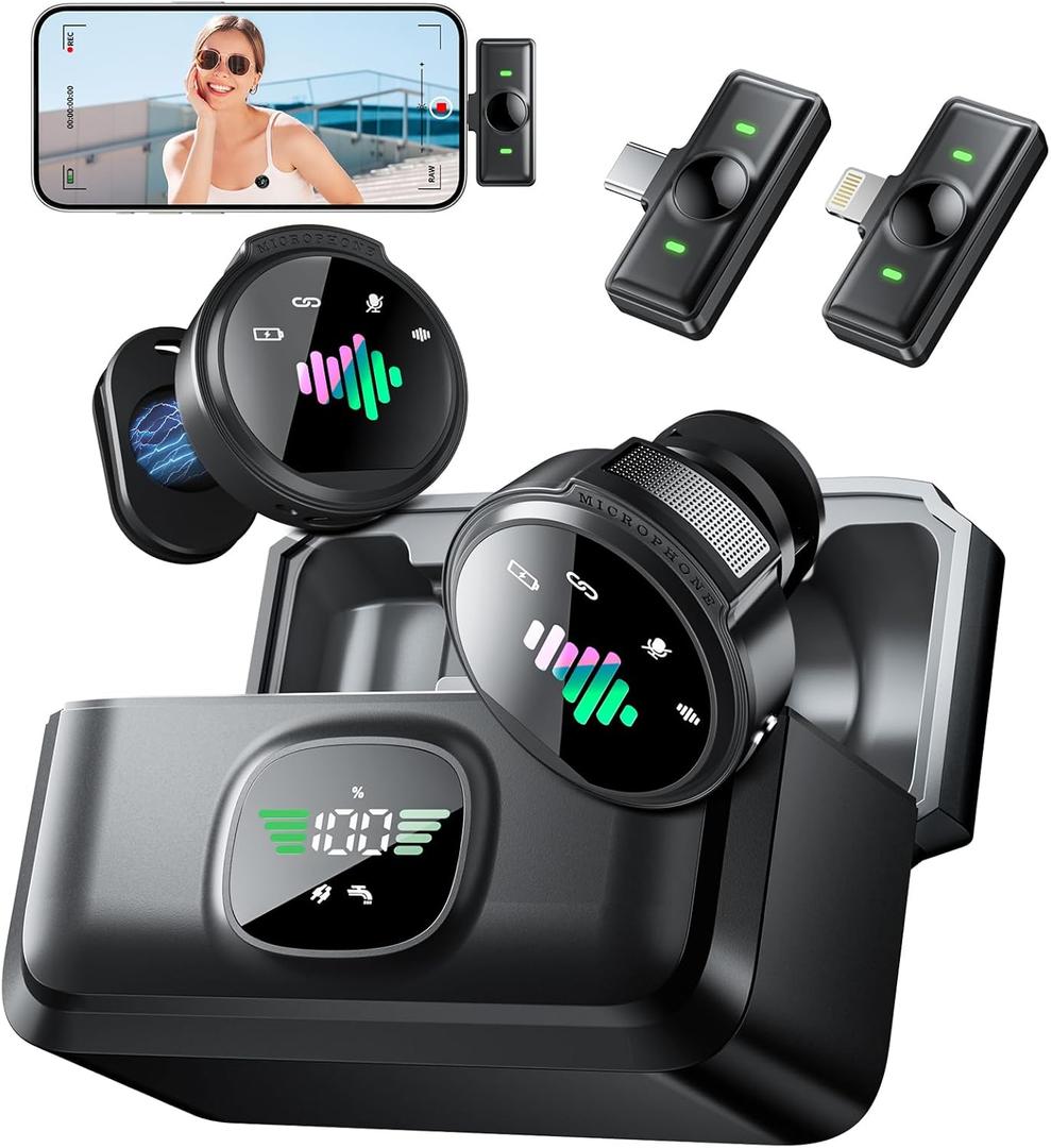 Wireless Lavalier Microphone for iPhone: Mini Microphones for Android Equipment - Noise Reduction Lapel Mic for Professional Recording - 80h Battery Life - 48KHz Studio Sound (Black 2)