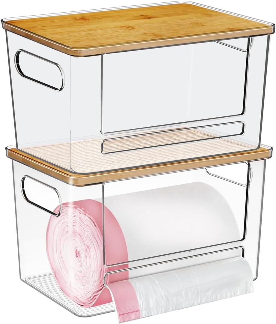 Trash Bag Dispenser 2 Pack, Acrylic Garbage Bags Dispenser with Bamboo Top, Extra Large Trash Bag Holder Dispensers Under Sink for Kitchen, Cabinet, Laundry Room, Pantry Organizer and Storage (Clear)