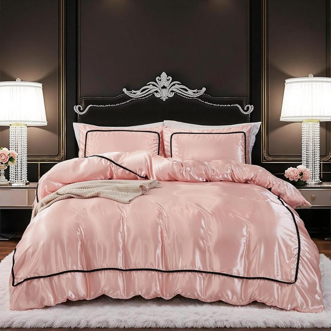 Herside Pink Satin Comforter Set 7 Pieces Queen Size Bed in a Bag Luxurious Satin Bedding Set with Comforter Pillowcases and Sheets Sets Mini Pompoms Design Super Soft Silky Bed Set for All Seasons