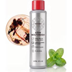Stain Whitening Mouthwash, Alcohol-Free Gunk Removing Mouthwash, with Hydrogen Peroxide & Essential Oils for Fresh Breath, Whiten Teeth, Gentle Build-Up Control for Coffee & Tea Drinkers 237ml