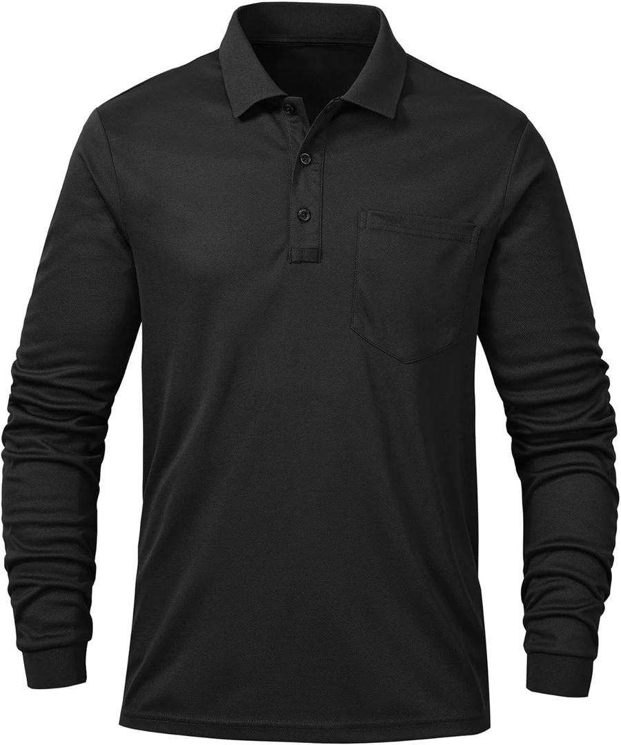 Tyhengta Men's Polo Shirt Long Sleeve Quick Dry Athletic Performance Shirts Pique Golf Shirt Black Medium