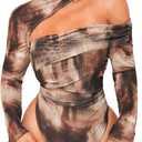 Floerns Women's Plus Size Tie Dye Asymmetrical Neck Long Sleeve T Shirts Bodysuit Tops (L Plus, Brown)