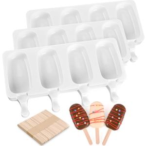 Sakolla 3 Pack Large Popsicle Molds 4 Cavities Cake Pop Silicone Molds Oval Ice Cream Cakesicle Molds for Homemade Ice Pop with 100 Wooden Sticks