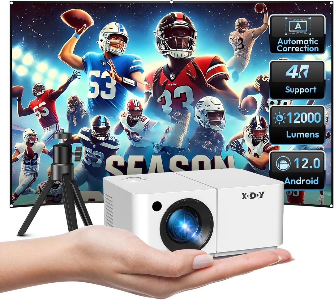 Mini Smart Projector, XGODY X2 Android 12 Portable HD Projector 12000L 1080P Support with WiFi and Bluetooth, Electric Focus/Keystone, Built-in Prime V, YouTube 8000+ APP, Tripod Included(Pearl White)