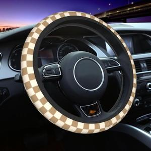 Brown Beige Checkered Steering Wheel Cover, Cute Anti-Slip Breathable Car Accessories Interior Elastic Steering Wheel Cover for Men Women Fit Auto, SUV Vans Truck Universal 14.5-15 Inch