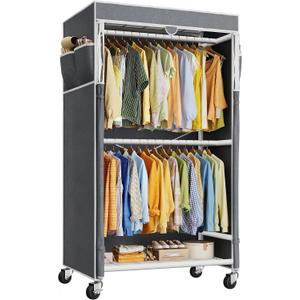 Raybee Rolling Clothes Rack with Cover, Heavy Duty Clothing Rack with Wheels, 120+ Garments Storage, Freestanding Portable Closet for Bedroom Dorm Apartment, Easy Assembly, Space Saving, White