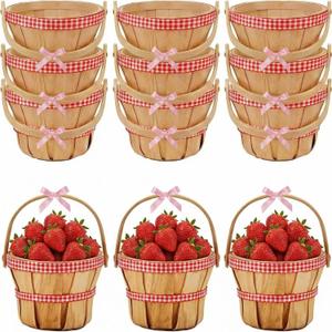 Geelin 12 Pcs Mini Wooden Berry Baskets with Handles Bulk 4.72 x 3.94 Inch Red Plaid Decorative Baskets Empty for Wedding Party Favors Picnic Picking Fruit Apple Strawberry Flower