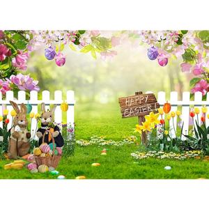 LTLYH 7x5ft Easter Backdrop Spring Flower Garden Photo Background Rabbit Colorful Eggs Fence Grass Wall Decor Photography Background Kids Children Birthday Banner 172