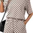 SHEWIN Women's Plaid 2 Piece Short Sets 2026 Lounge Beach Travel Vacation Outfits Matching Shorts Sweatsuit with Pockets (M)