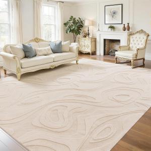 UKISS Washable Rugs 8'x10' Area Rugs for Living Room Ultra Soft Faux Rabbit Fur Embossed Rug for Bedroom, Non Slip&Non-Shedding Low Pile Large Carpets for Home Decor Beige