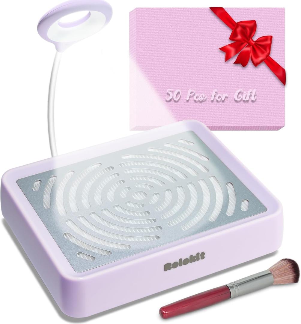 Nail Dust Collector with Lamp&50pcs Disposable Filter&Dusting Brush, Electric Nail Vacuum Cleaner Dust Fan Suction Machine for Manicure Acrylic Gel Nails Polishing, Low Noise, Salon Home, Purple