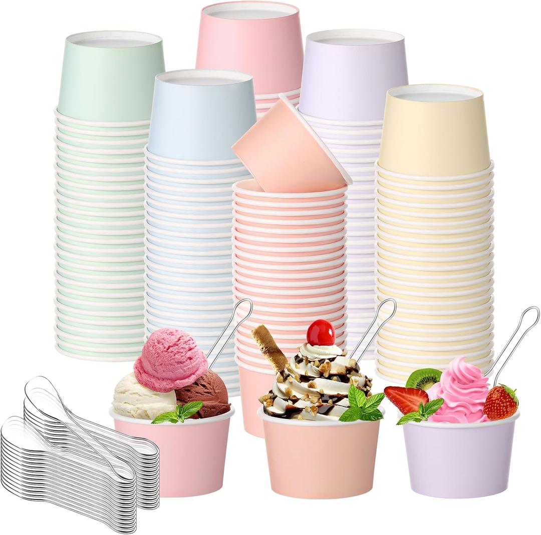 Boao 100 Set 5 oz Ice Cream Cups with Spoons Disposable Paper Sundae Dessert Bowls Summer Party Supplies (Pastel)