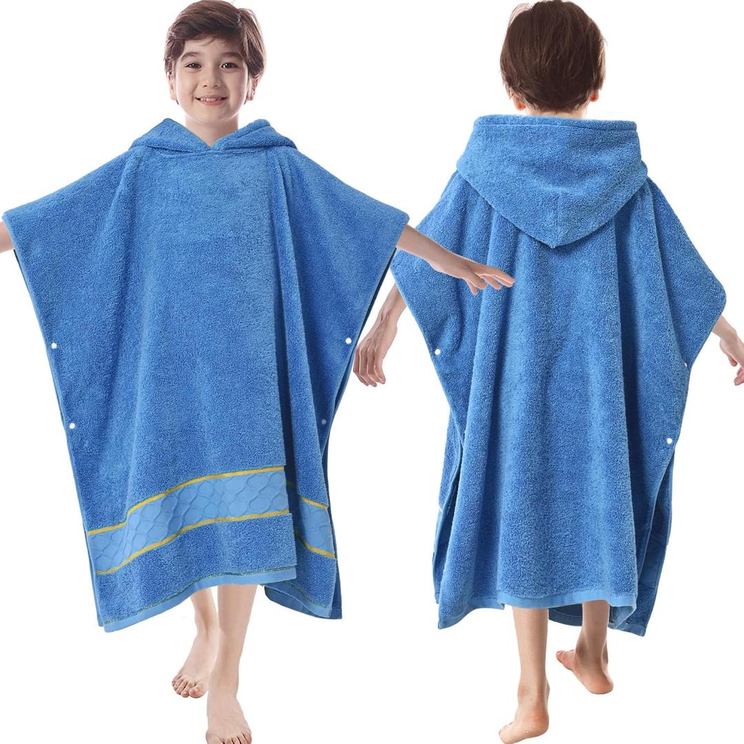 VOOVA & MOVAS 32"X64" Large Turkish Hooded Towels for Boys Age 8-14,Thick 600GSM | Large | 100% Cotton Poncho Towel, Ultra-Soft | Absorbent Robe, Perfect for Swim | Bath | Beach | Gifts, Blue