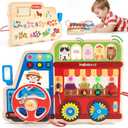 hahaland Montessori Busy Board for Toddlers 3-5, 18-in-1 Wooden Sensory Activity Board with LED Lights & Switches, Educational Montessori Toy for Fine Motor Skills, Kids Gift