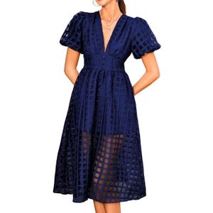 Kaei&Shi V Neck Midi Dress for Women,Puff Sleeve Empire Waist Plaid Organza Dresses,Elegant Formal Wedding Guest Outfits (Small)