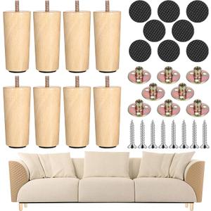 8 Pieces Round Solid Furniture Legs 4 Inch Natural Wooden Couch Leg Replacement Legs Dresser Sofa Couch Leg for Armchair, Cabinet, Chair, Dresser or Home DIY Projects