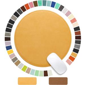 Mouse Pad, Round Mouse Pad, PU Mouse Pad, Leather Mouse Pad with Stitched Edge, Micro-Fiber Base with Non-Slip Waterproof Mouse Pad for Computers, Laptop, 9 x 9 Inch (Light Yellow)