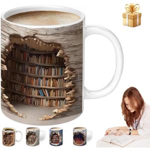 Library Bookshelf Mug, Bookshelf Design Ceramic Coffee Cup with 3D Visual Effect, Book Lovers Gifts for Readers, Librarians, Writers & Book Clubs, 11oz Novelty Mug for Birthday Christmas (Brwon)