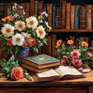 Paint by Numbers Kit for Adults Beginner Book, Adult Paint by Number Kits on Canvas, Bookshelf DIY Acrylic Oil Painting by Numbers for Adults, Flower for Home Wall Decor 16X16 Inch (HMOP25702)